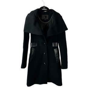 Mackage Womens Size XS Black Wool Longline Peacoat Leather Trim Collared